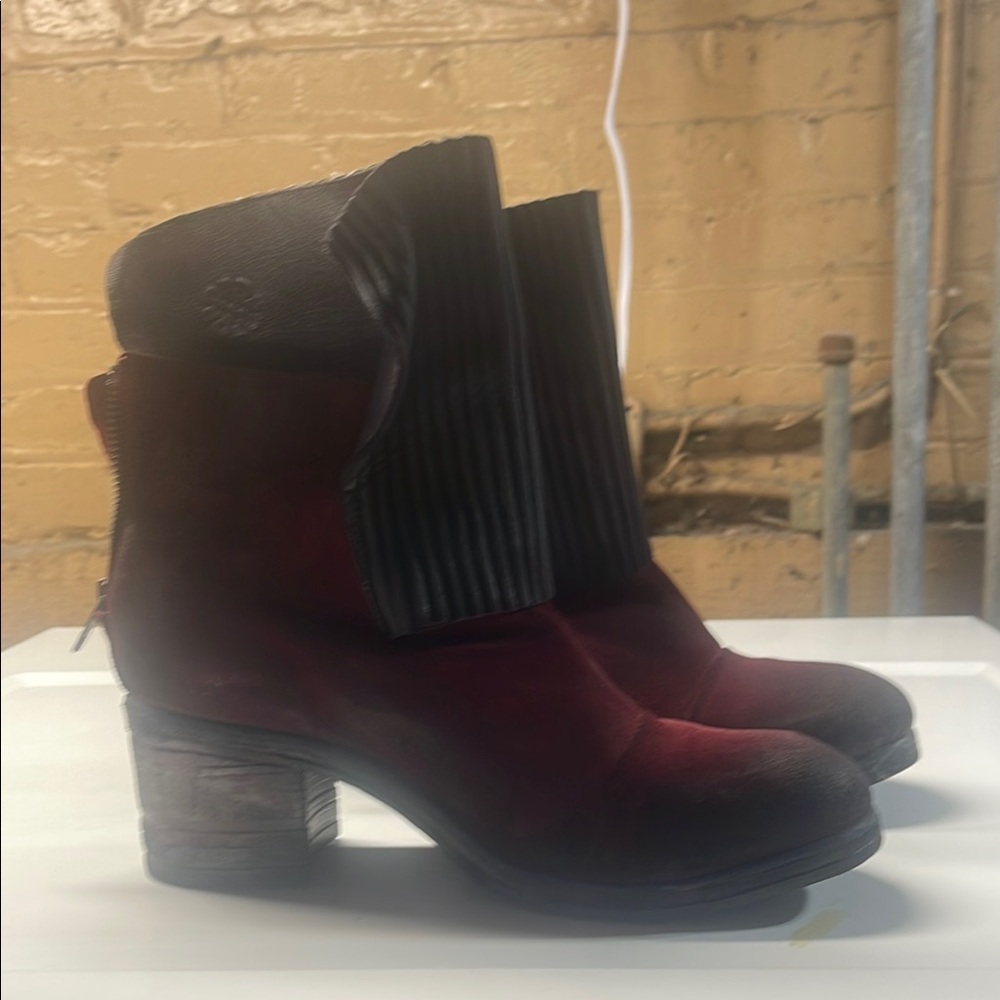 Red Heeled Boots with Chunky Heel and Fringe Detail